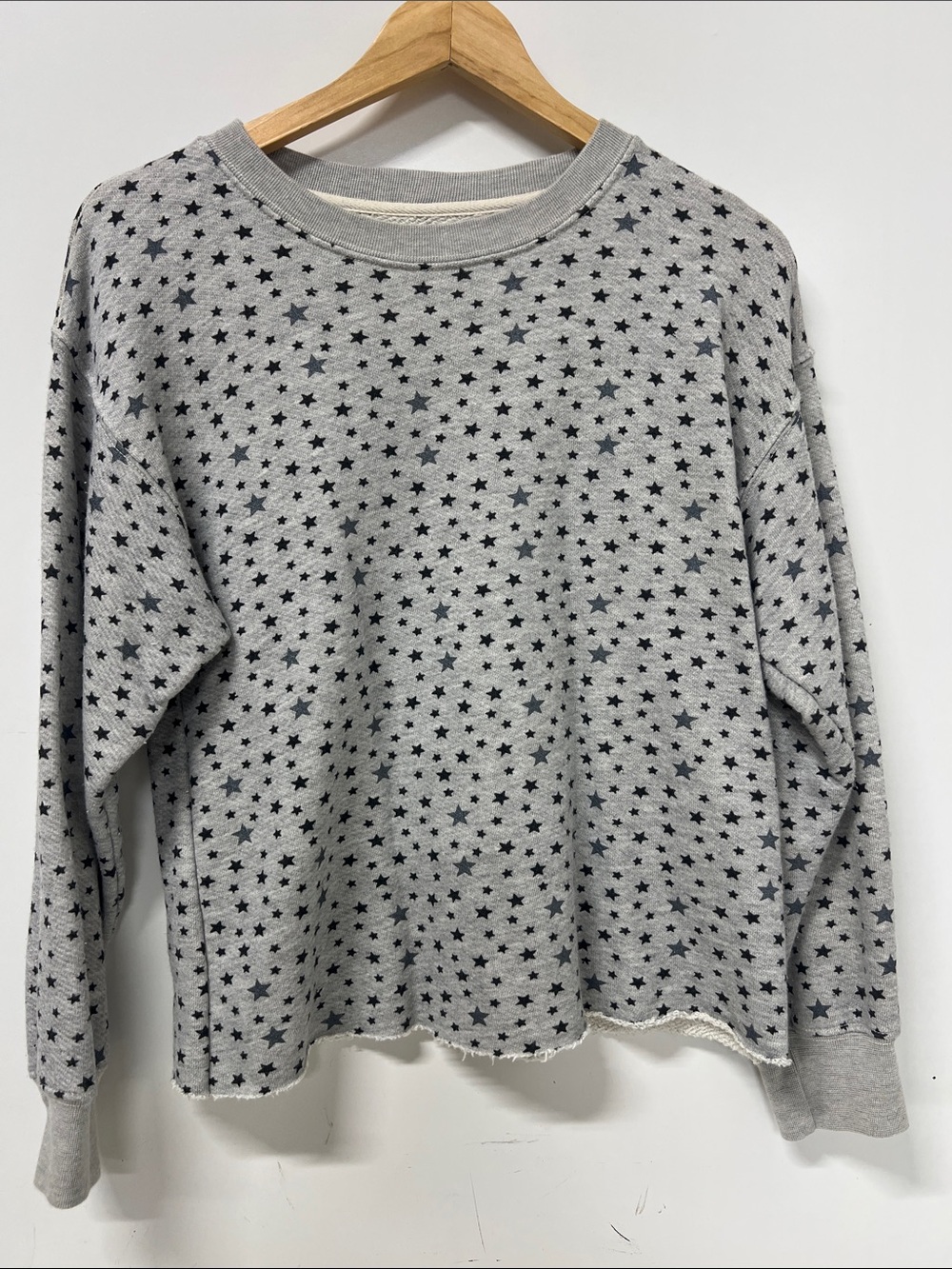 Current/Elliot Sweatshirt, Star Pattern, Size 0, Gray, Raw Hem, Crew Neck